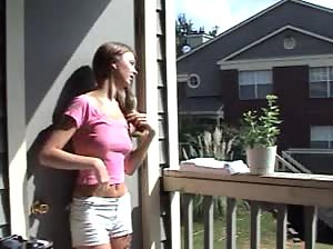 Cute teen flashing tits at her parents porch
